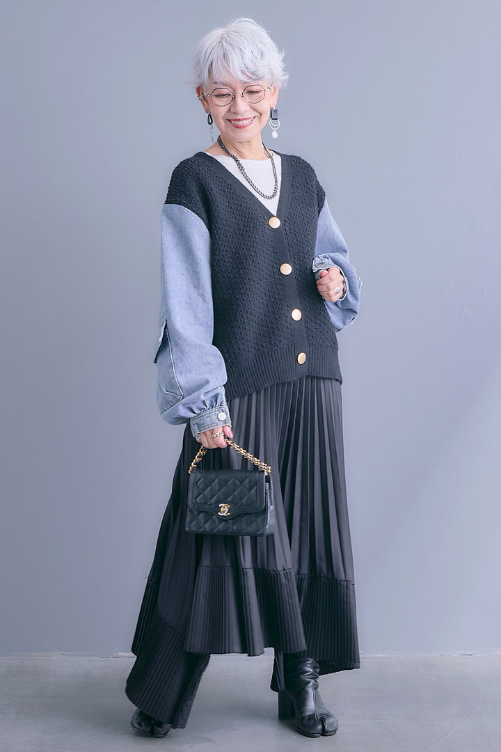 【予約】デニムスリーブニットオーバーカーデ