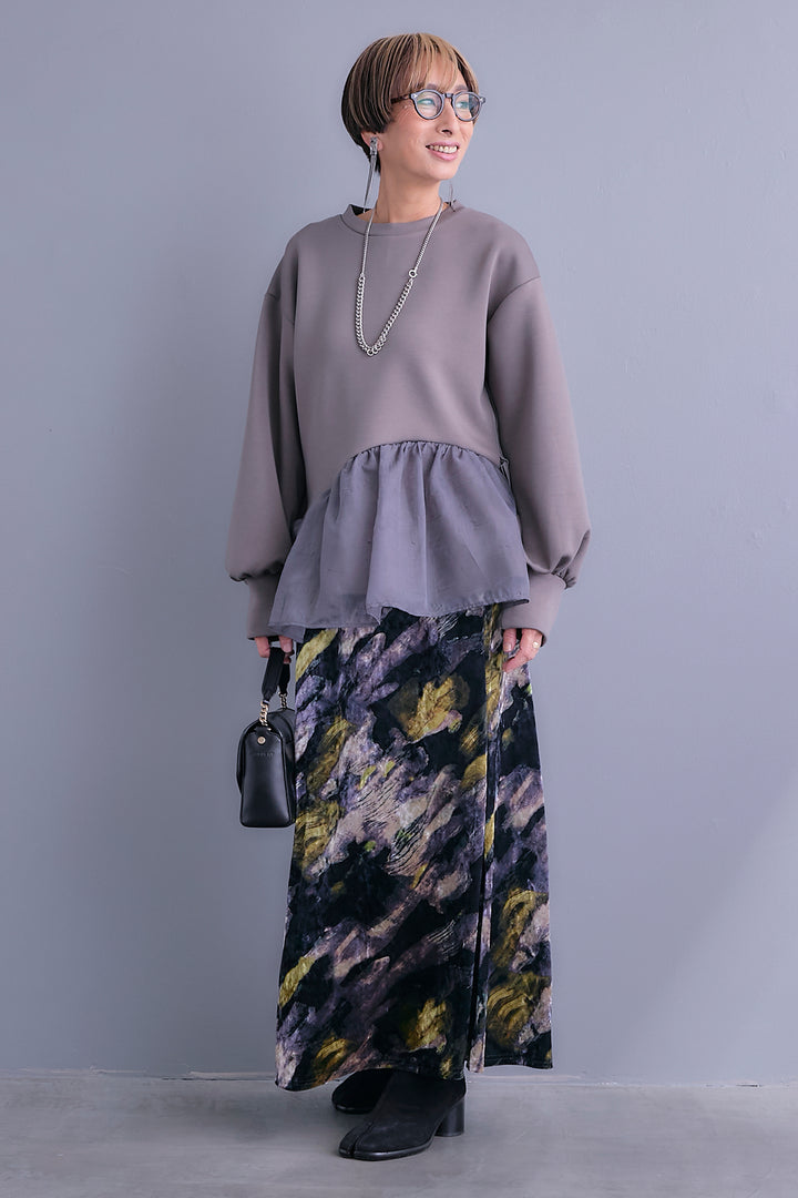 【SET】アシメペプラムオーガンジートップス+ベロアニュアンスアートスカート(2set)