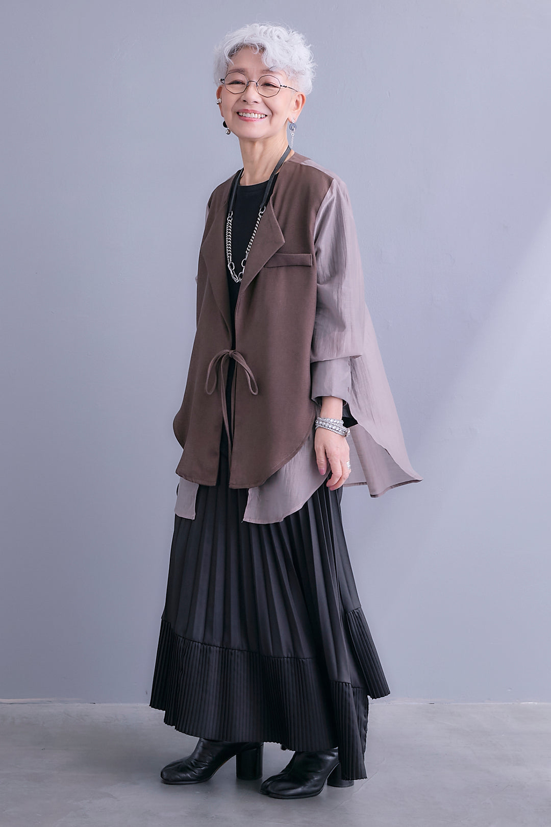 【SET】シアーシャツドッキングジャケット+アシンメトリーロンT+アシンメトリープリーツスカート(3set)