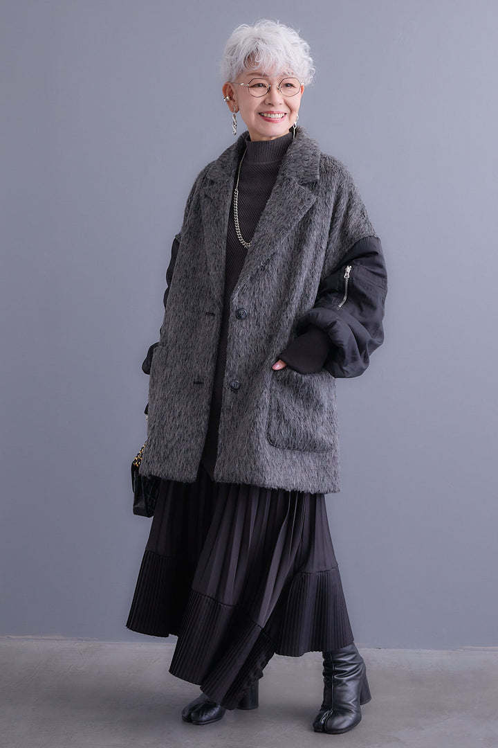 【新色追加】【SET】アシンメトリーオーバーニット+チュールレイヤードMA-1シャギーオーバーコート+アシンメトリープリーツスカート(3set)