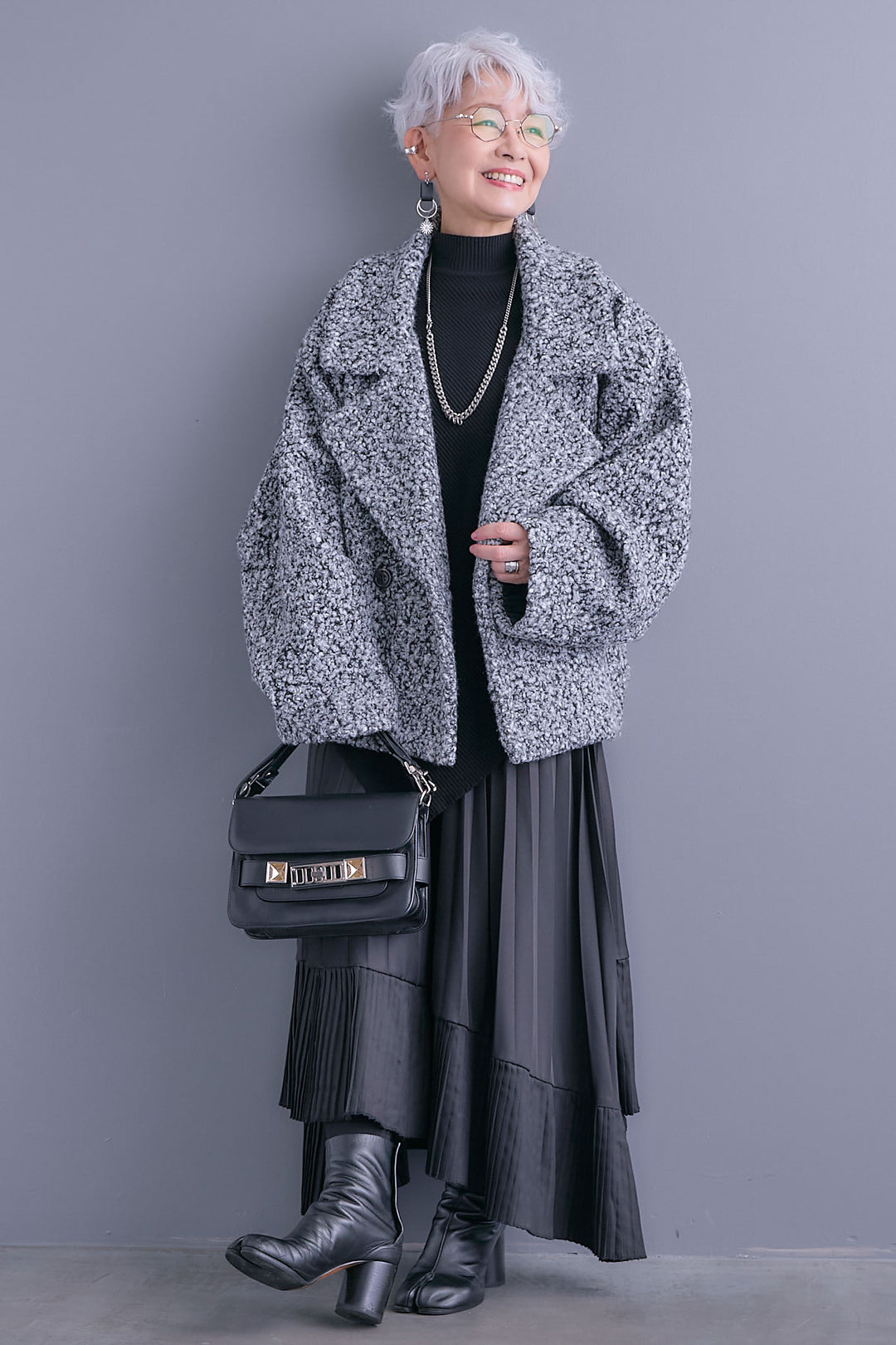 【SET】アシンメトリーオーバーニット+ブークレーオーバーミディコート+アシンメトリープリーツスカート(3set)