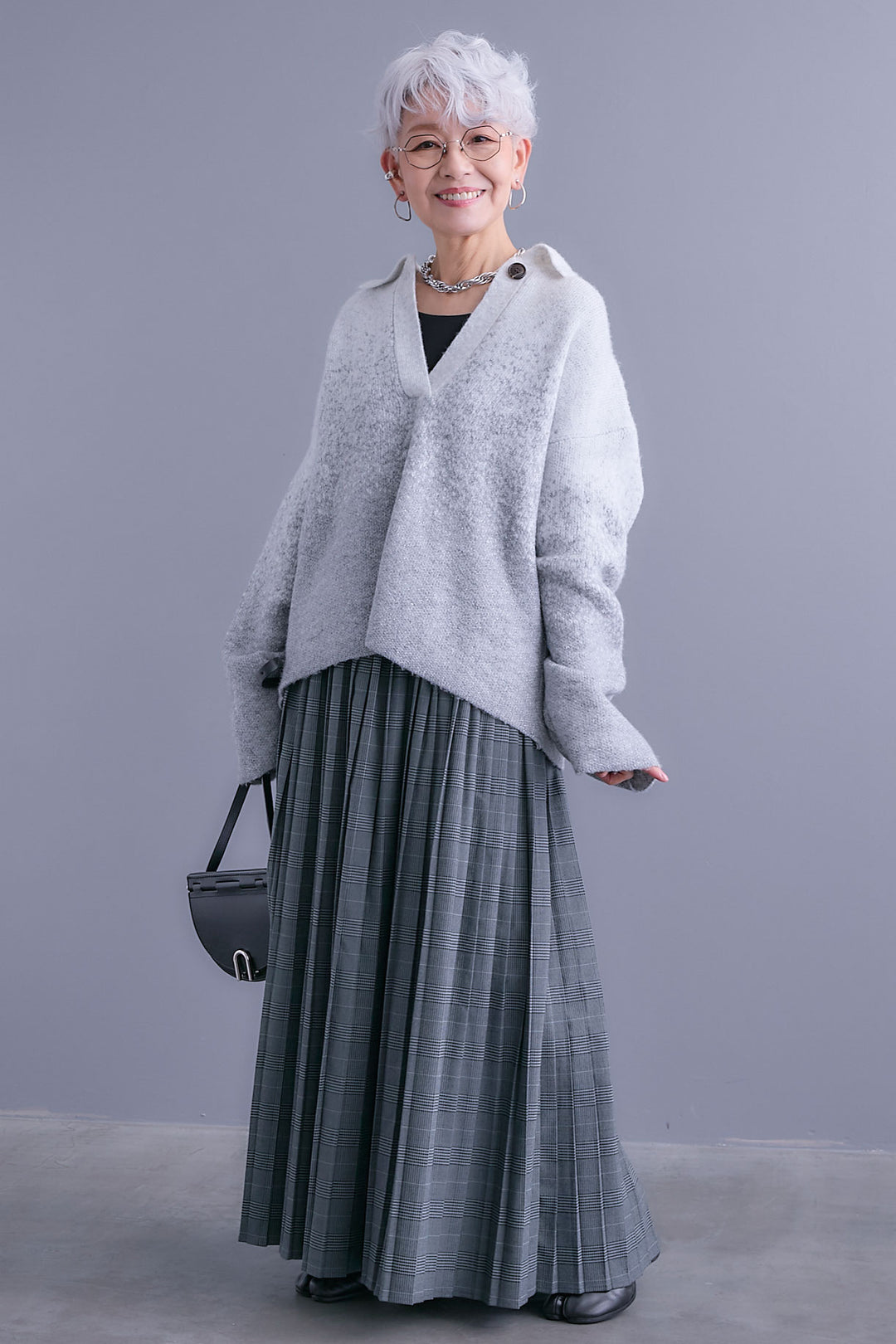 【SET】グラデーションラメキーネックニット+グレンチェックプリーツスカート(2set)
