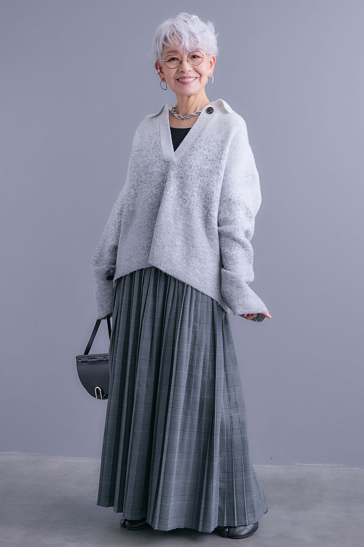 【SET】グラデーションラメキーネックニット+グレンチェックプリーツスカート(2set)