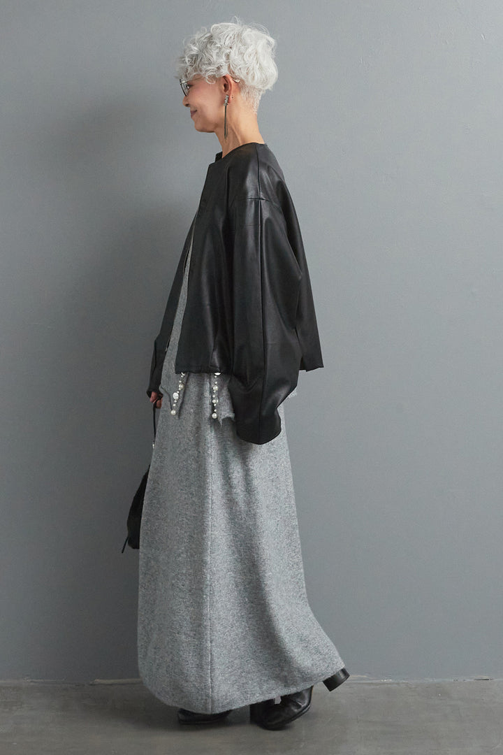 【SET】ビジューニットセットアップ+ラウンドシルエットエコレザーノーカラージャケット(2set)