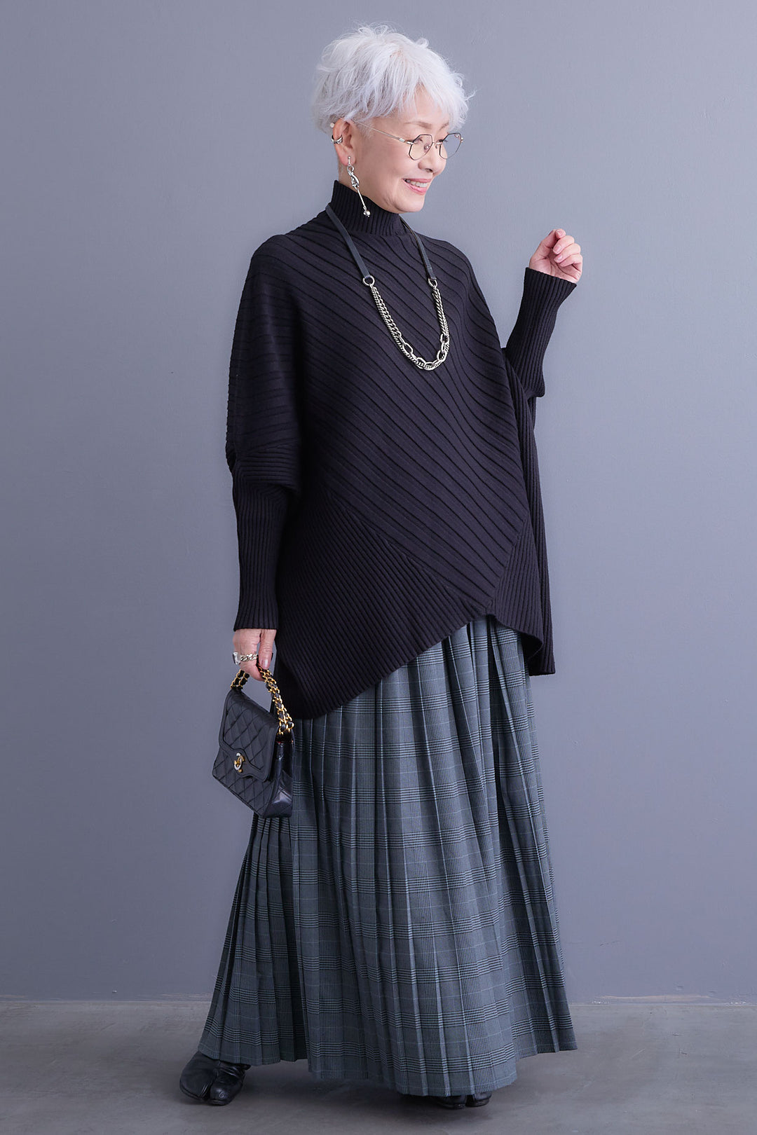 【SET】ワイドリブドルマンニット+グレンチェックプリーツスカート(2set)