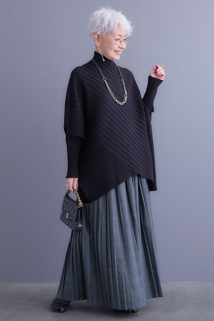 【SET】ワイドリブドルマンニット+グレンチェックプリーツスカート(2set)