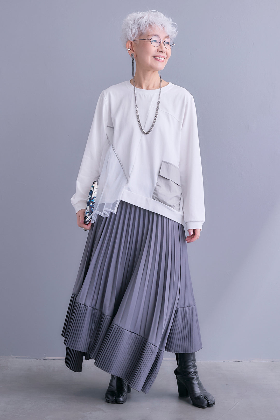 【SET】チュールギャザーアシメポケットプルオーバー+アシンメトリープリーツスカート(2set)