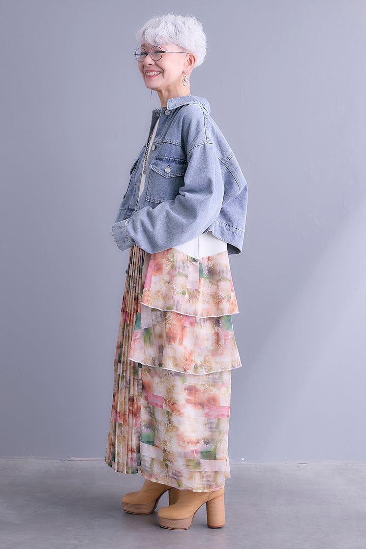 【SET】10ozライトデニムショートジャケット+アシメフラワープリーツドッキングワンピース(2set)