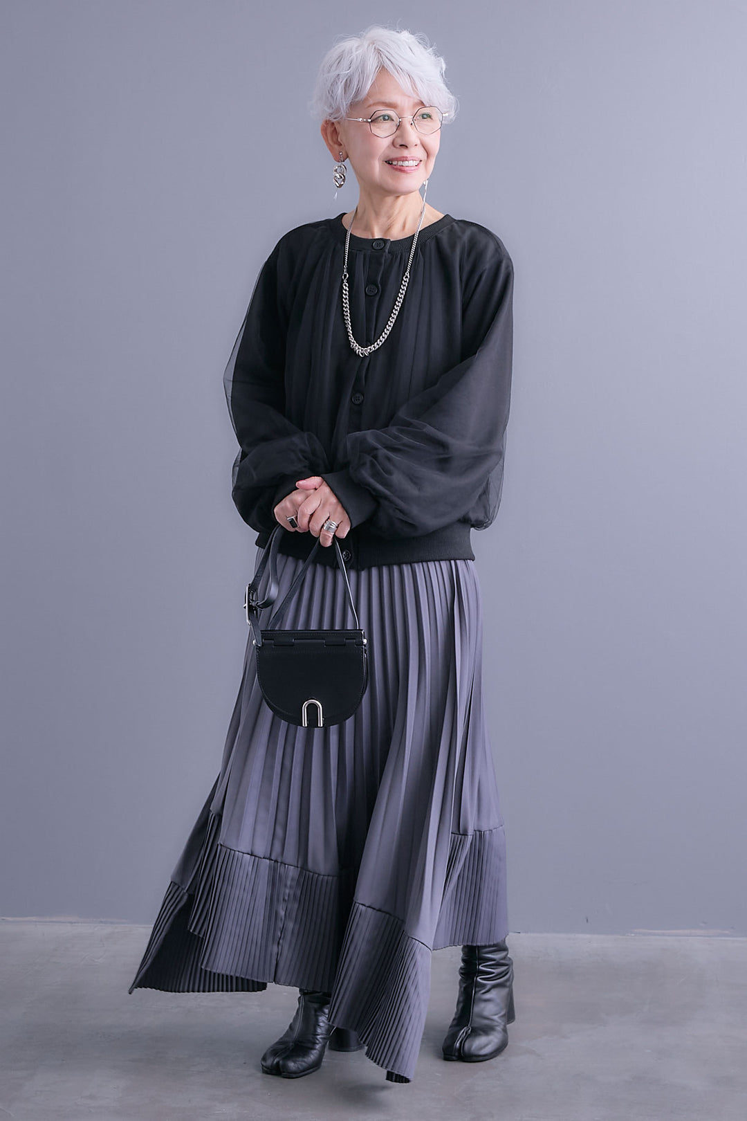 【SET】ノーカラーチュールレイヤードカーディガン+アシンメトリープリーツスカート(2set)