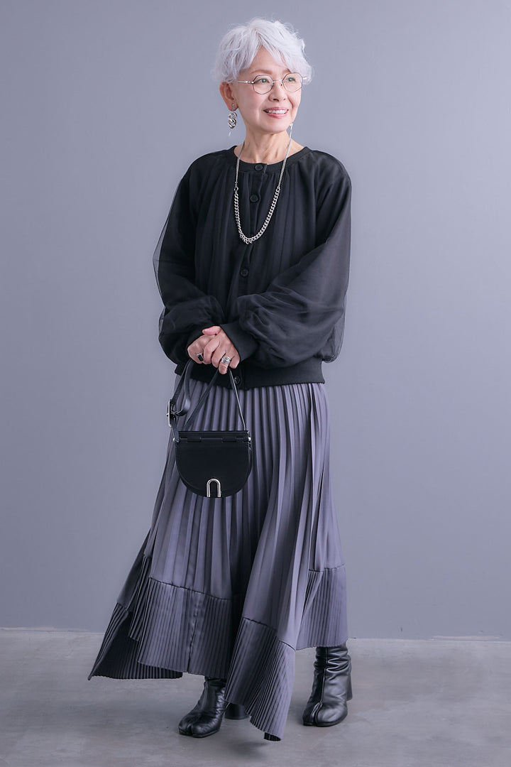 【SET】ノーカラーチュールレイヤードカーディガン+アシンメトリープリーツスカート(2set)