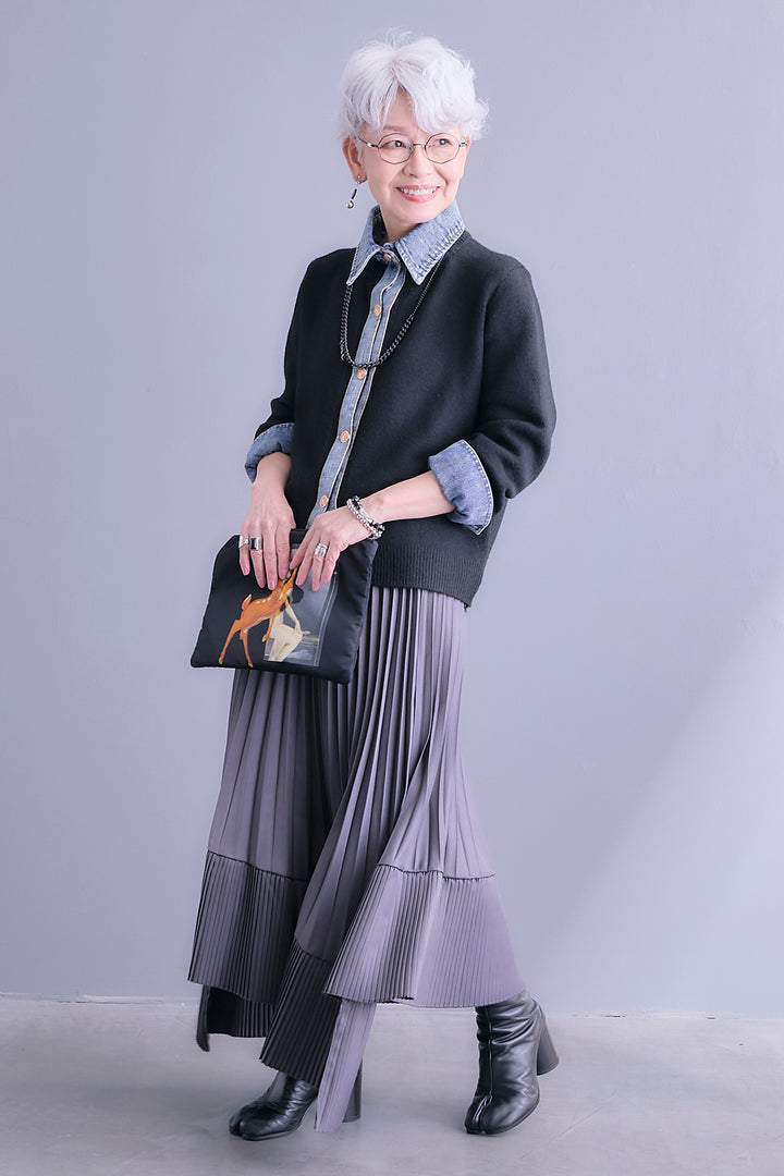 【SET】デニムコンビニットカーディガン+アシンメトリープリーツスカート(2set)