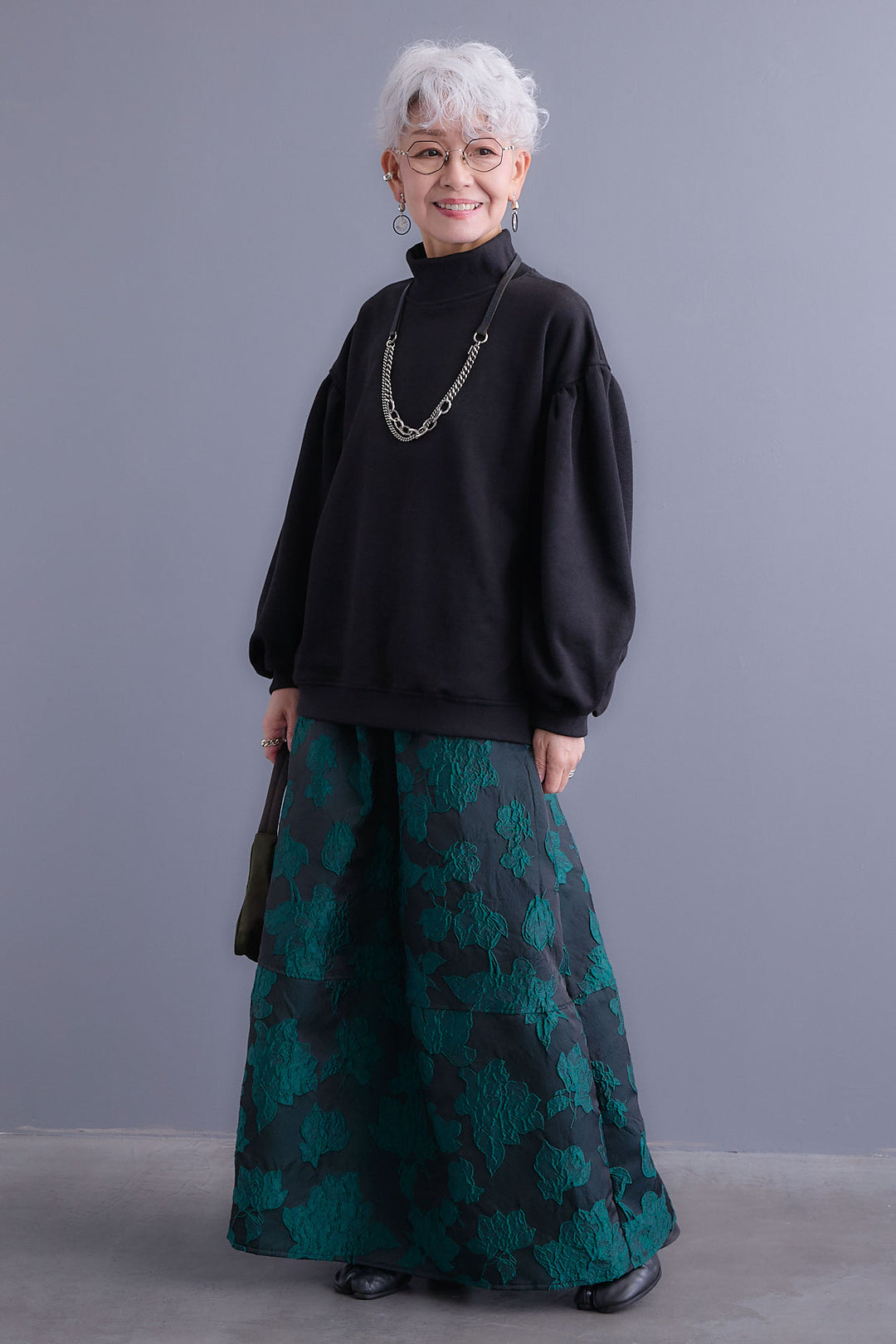 【SET】ボリュームスリーブモックネックプルオーバー+ジャガードフラワースカート(2set)