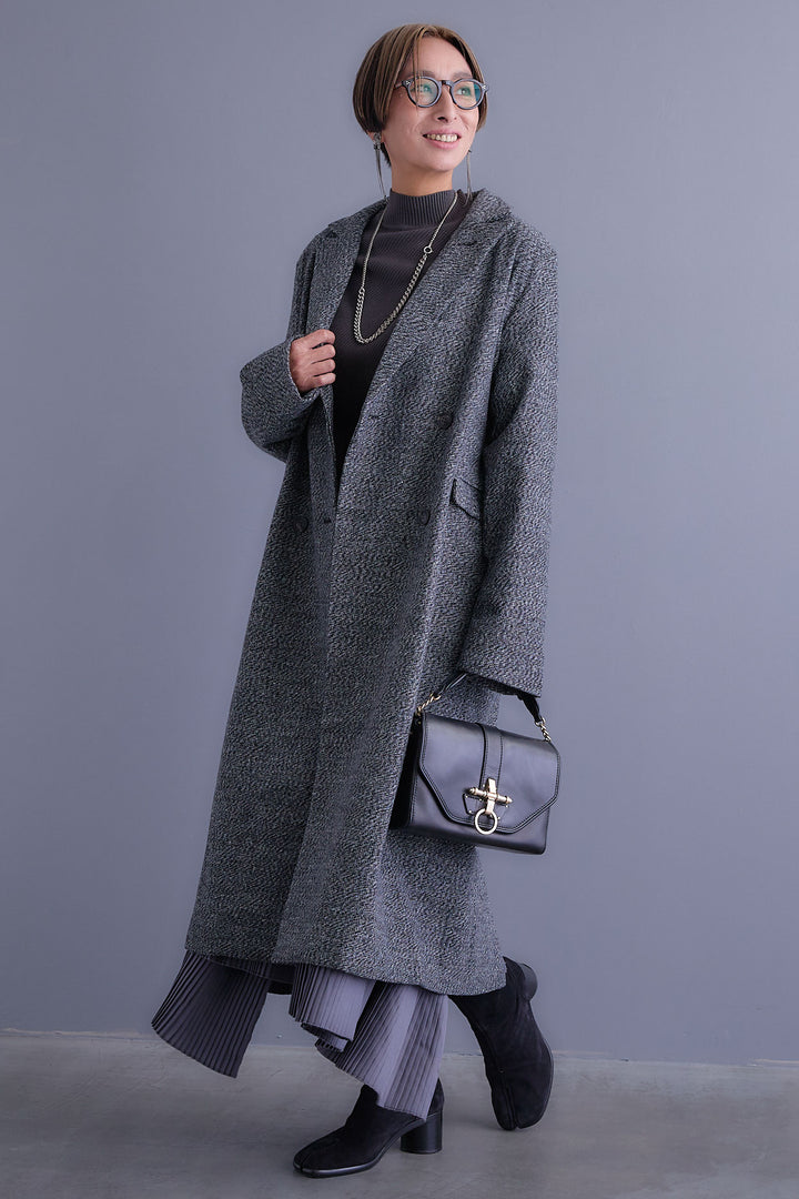 【SET】アシンメトリーオーバーニット+ツイードロングチェスターコート+アシンメトリープリーツスカート(3set)