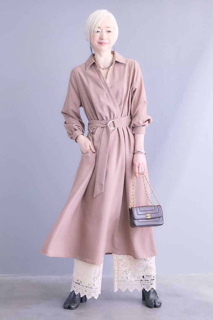 【SET】スキッパーカシュクールシャツワンピース+ケミカルレースパンツ(2set)