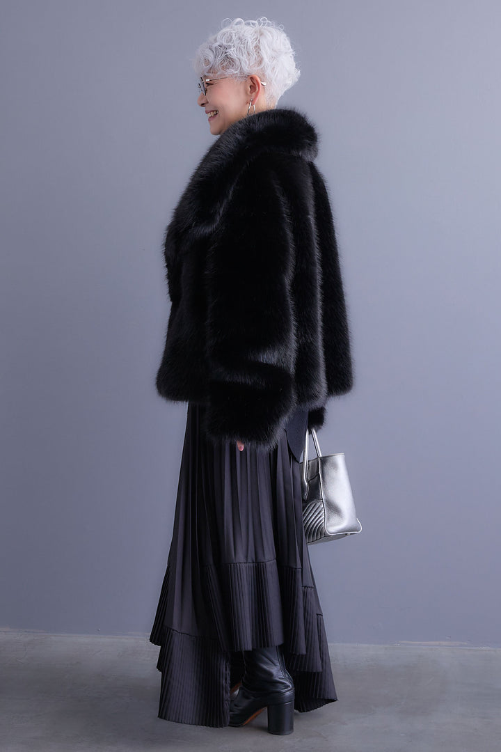 【SET】アシンメトリーオーバーニット+オーバーカラーファーコート+アシンメトリープリーツスカート(3set)