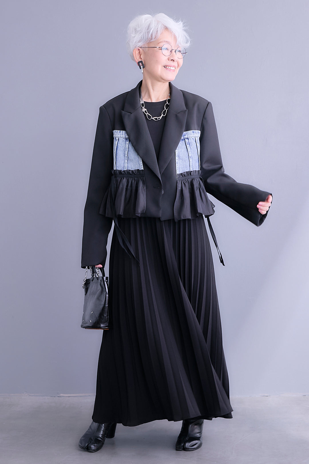 【SET】デニムドッキングショートジャケット+プリーツストレッチロングワンピース(2set)