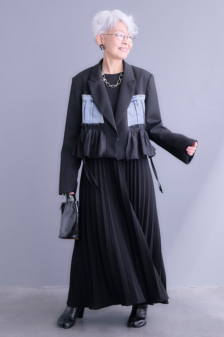 【SET】デニムドッキングショートジャケット+プリーツストレッチロングワンピース(2set)