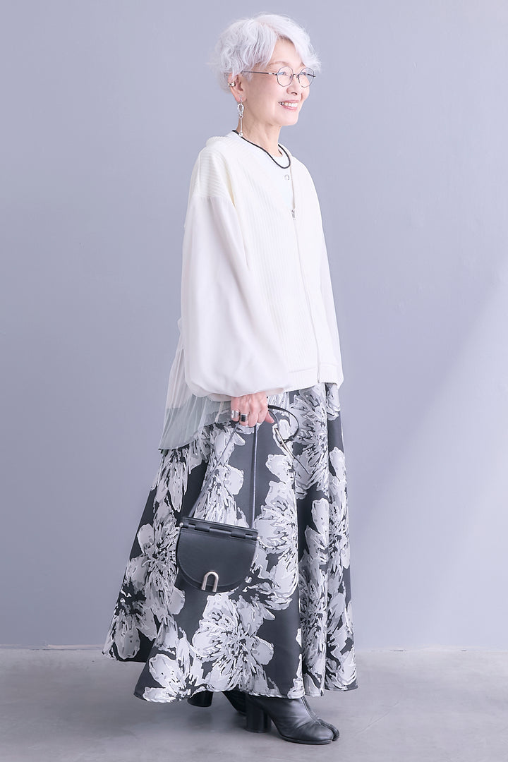 【SET】プリーツ×チュールドッキングカーディガン+シルバーフラワージャガードフレアスカート(2set)