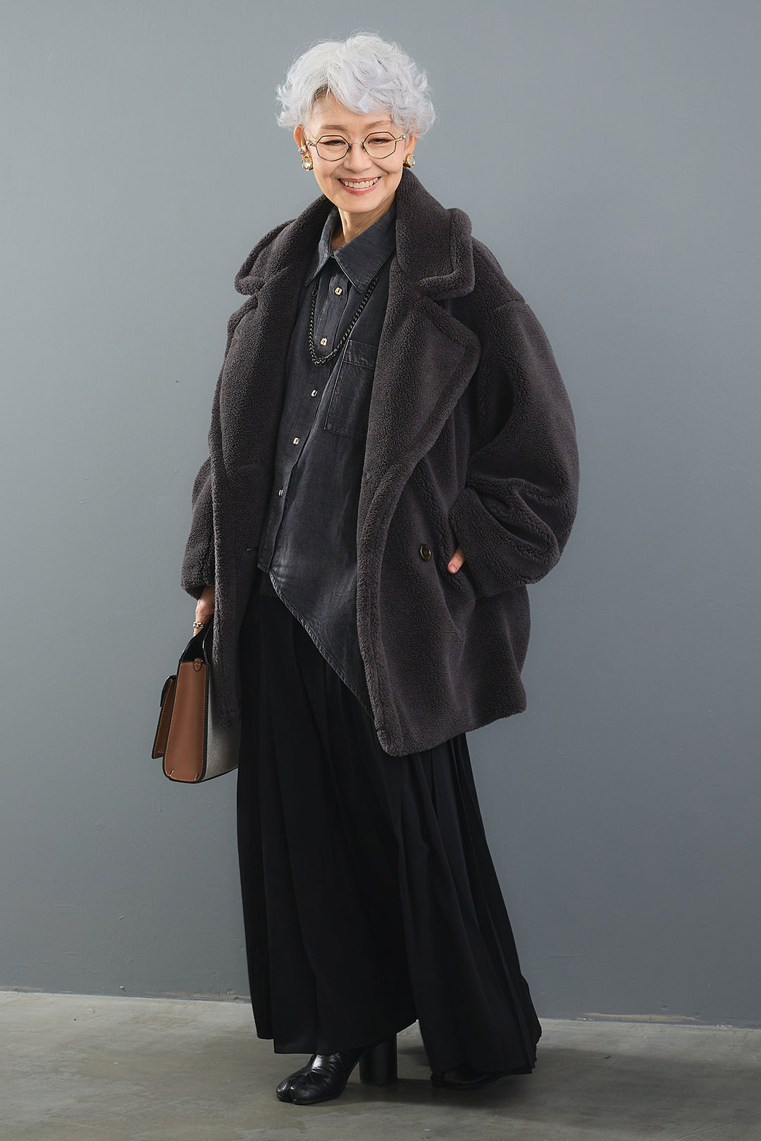 【SET】ヴィンテージアシンメトリーデニムシャツ+テディボアミディコート+デニムドッキングプリーツスカート(3set)