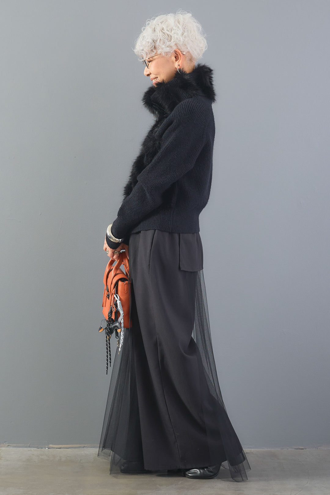 【SET】アレンジネックファーZIPニット+アシメチュールレイヤードワイドパンツ(2set)