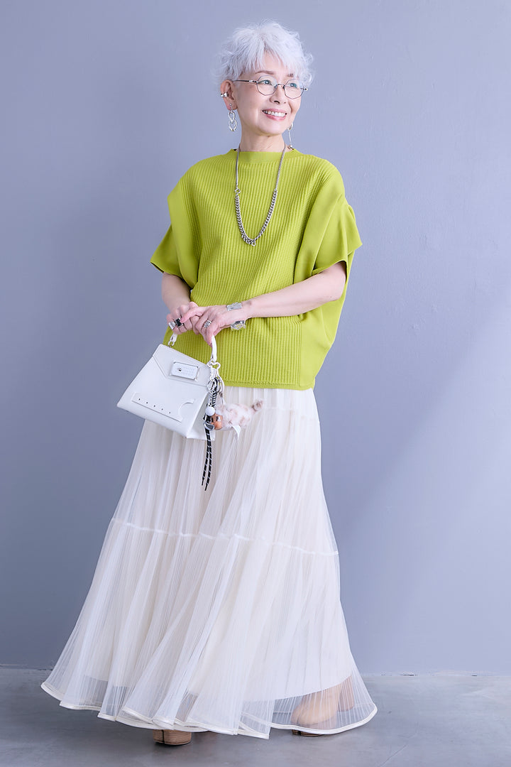 【SET】アップスリーブニットプルオーバー+2WAYラメサテンプリーツ×シアーティアードチュールスカート(2set)