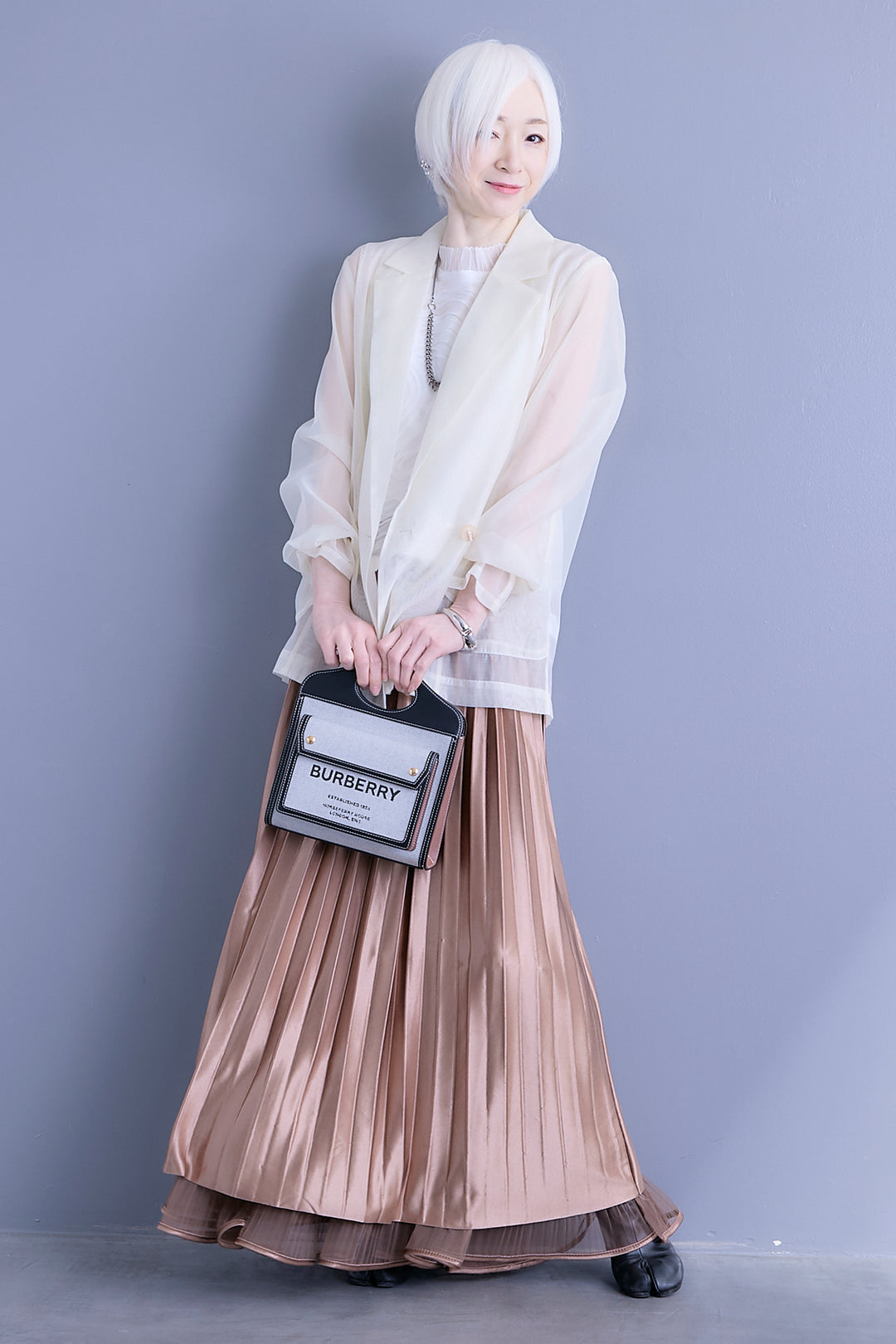 【SET】シアーポプリンダブルテーラードジャケット+ウェーブモチーフスタンドネックブラウス+2WAYラメサテンプリーツ×シアーティアードチュールスカート(3set)