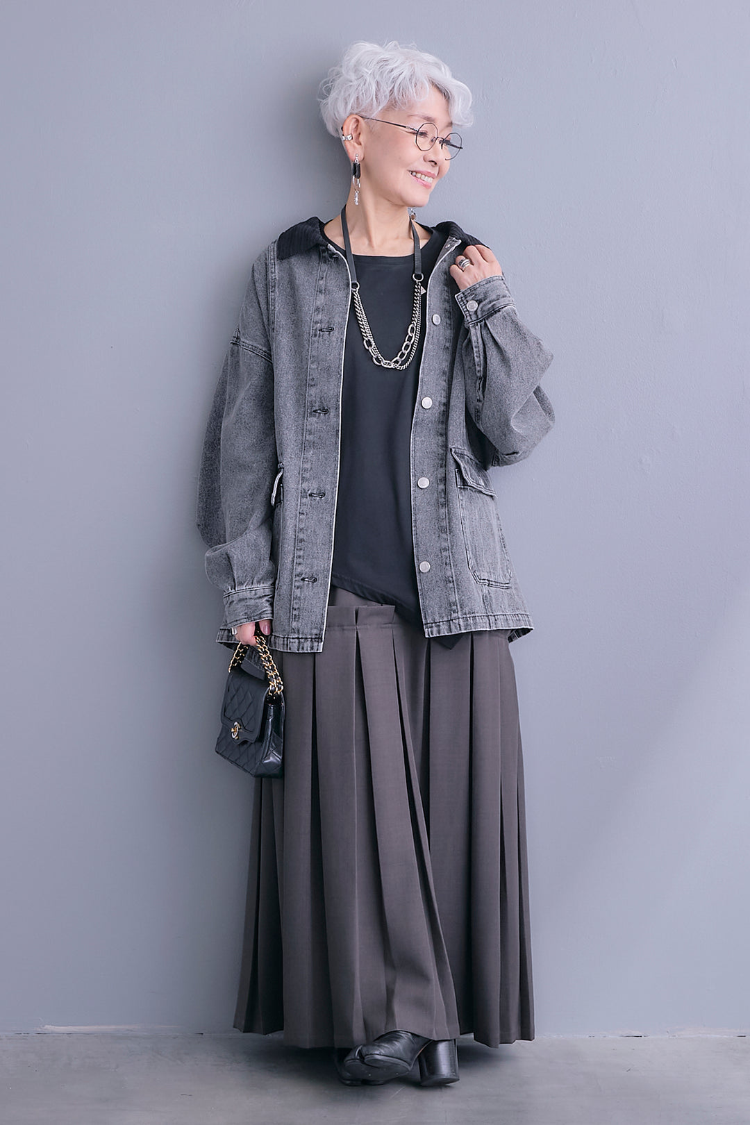 【SET】コーデュロイカラー10ozデニムジャケット+アシンメトリーロンT+ボックスプリーツロングスカート(3set)