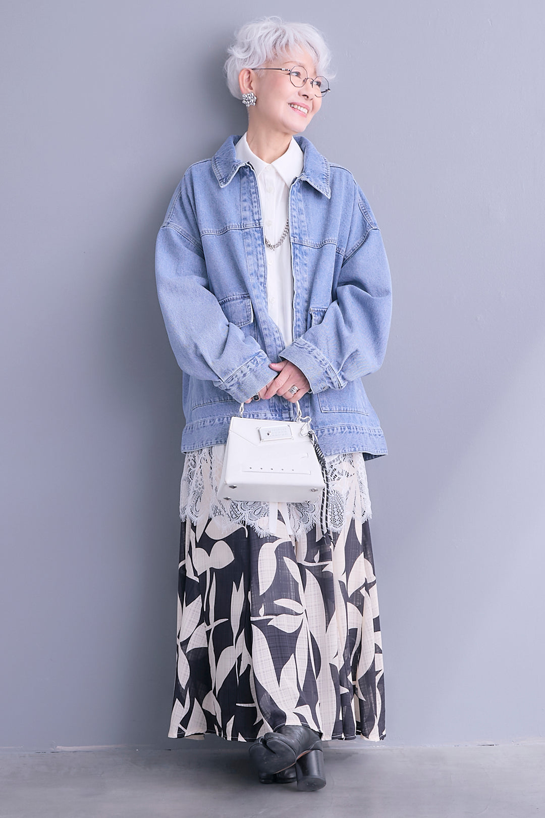 【SET】ジップアップデニムブルゾン+ヘムレースロングシャツ+リーフアートフレアスカート(3set)
