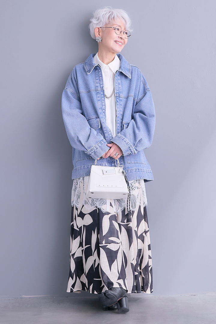 【SET】ジップアップデニムブルゾン+ヘムレースロングシャツ+リーフアートフレアスカート(3set)