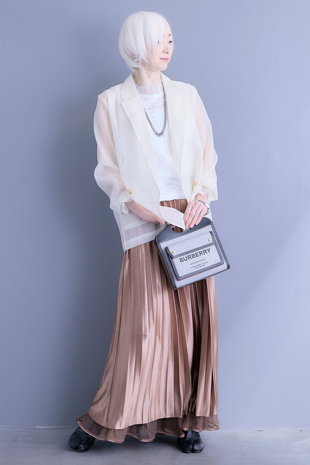 【SET】シアーポプリンダブルテーラードジャケット+ウェーブモチーフスタンドネックブラウス+2WAYラメサテンプリーツ×シアーティアードチュールスカート(3set)