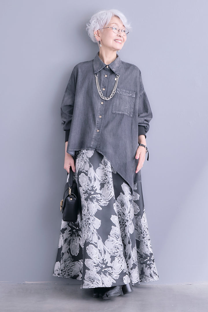 【SET】アシンメトリーダンガリーデニムシャツ+シルバーフラワージャガードフレアスカート(2set)