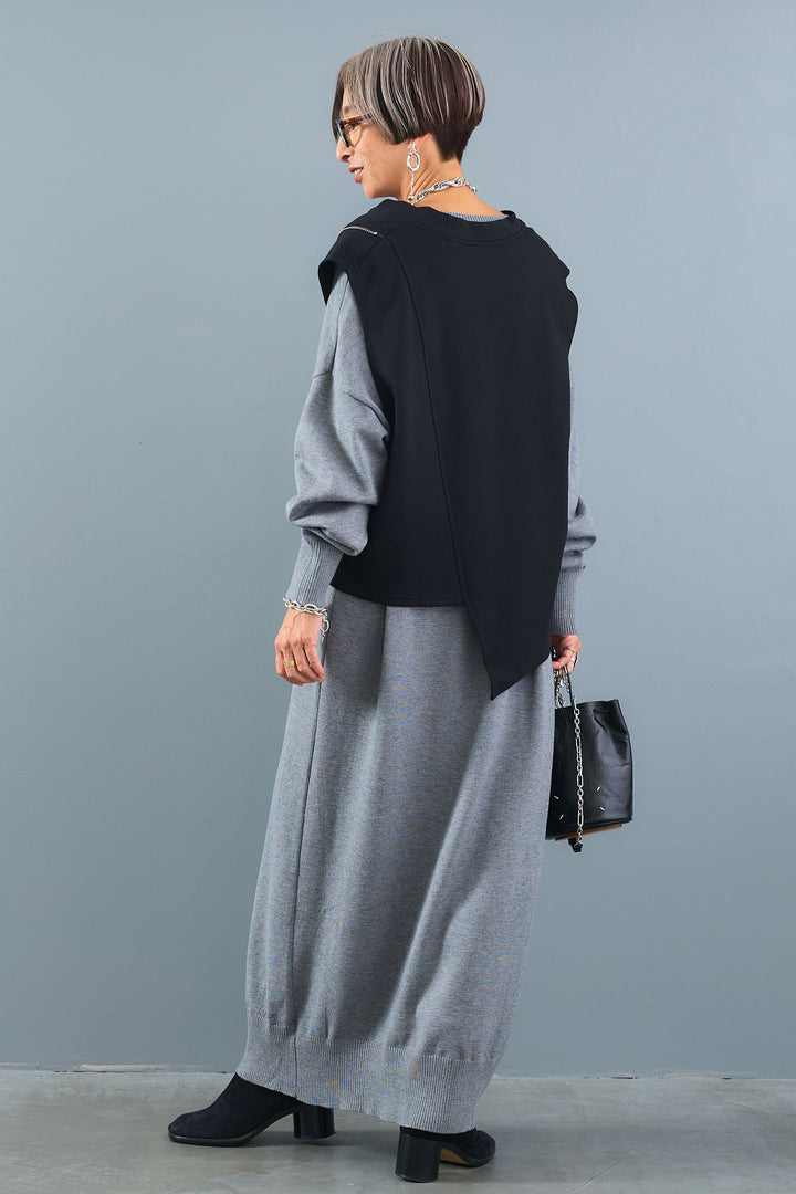 【SET】ZIPデザインアシメVネックベスト+ルーズVネックロングニットワンピース(2set)