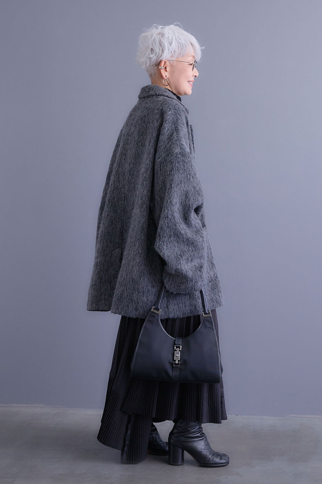 【SET】アシンメトリーオーバーニット+シャギーテーラードコート+アシンメトリープリーツスカート(3set)