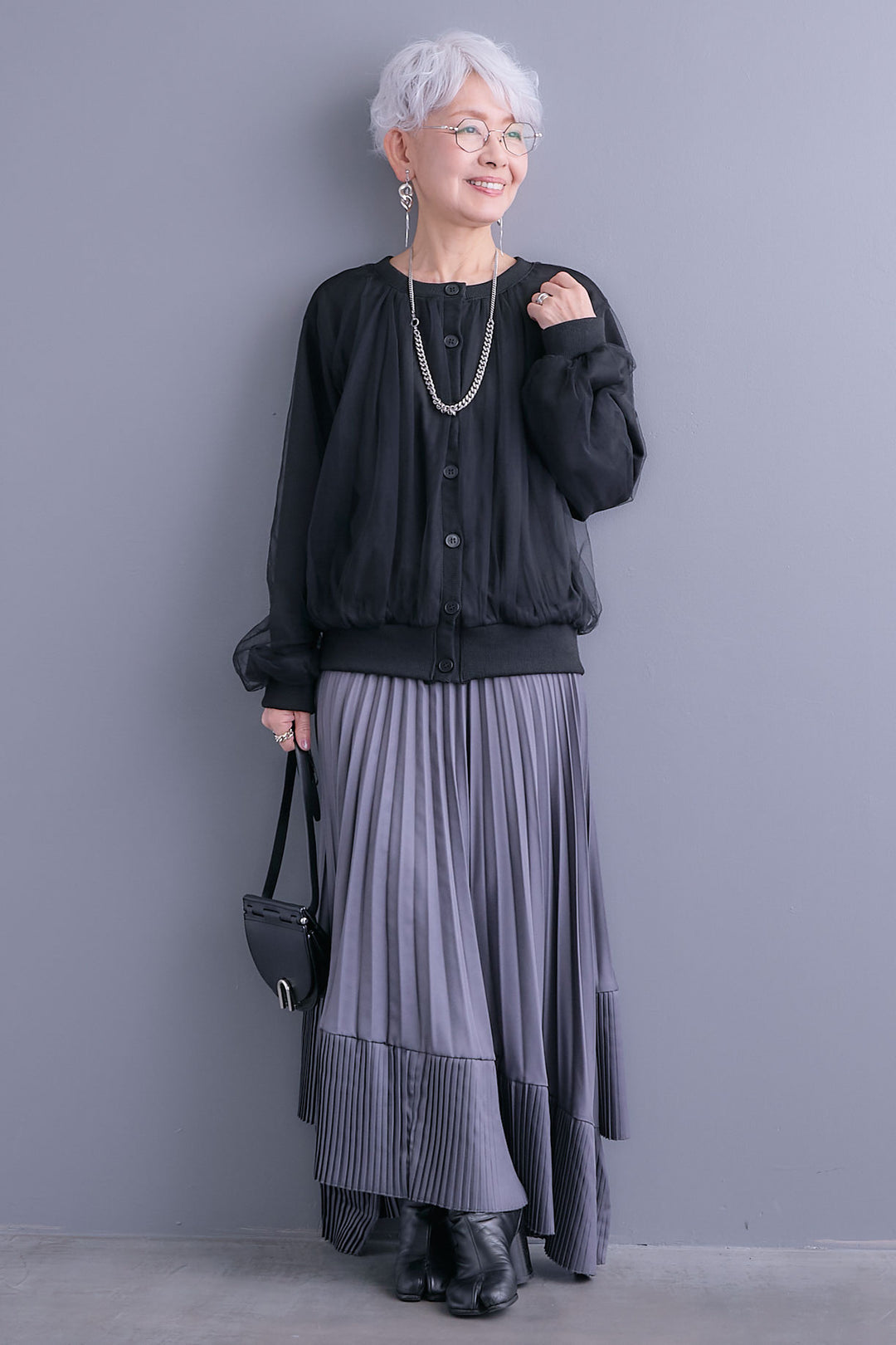 【SET】ノーカラーチュールレイヤードカーディガン+アシンメトリープリーツスカート(2set)