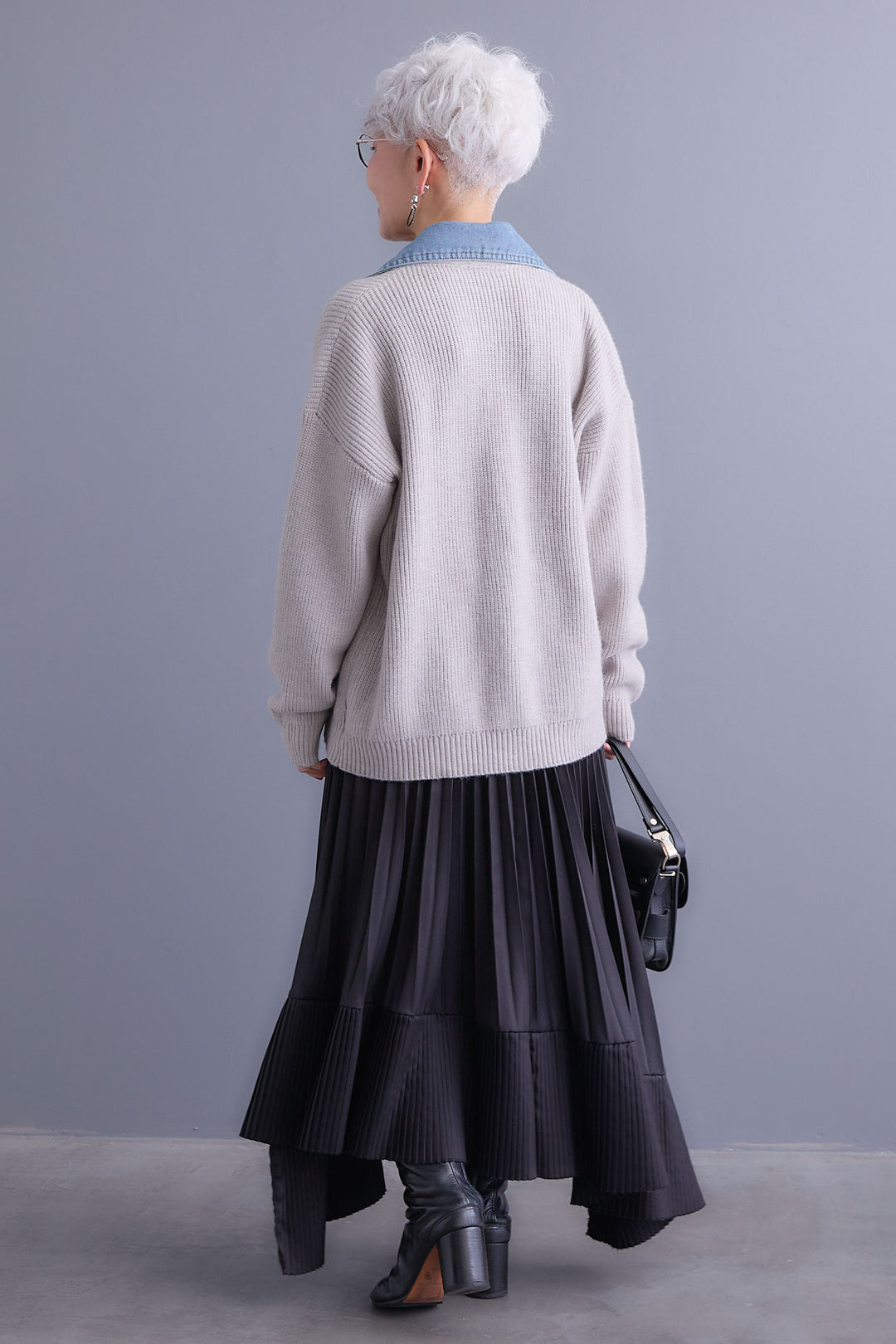 【SET】デニムライダースニットカーディガン+アシンメトリープリーツスカート(2set)