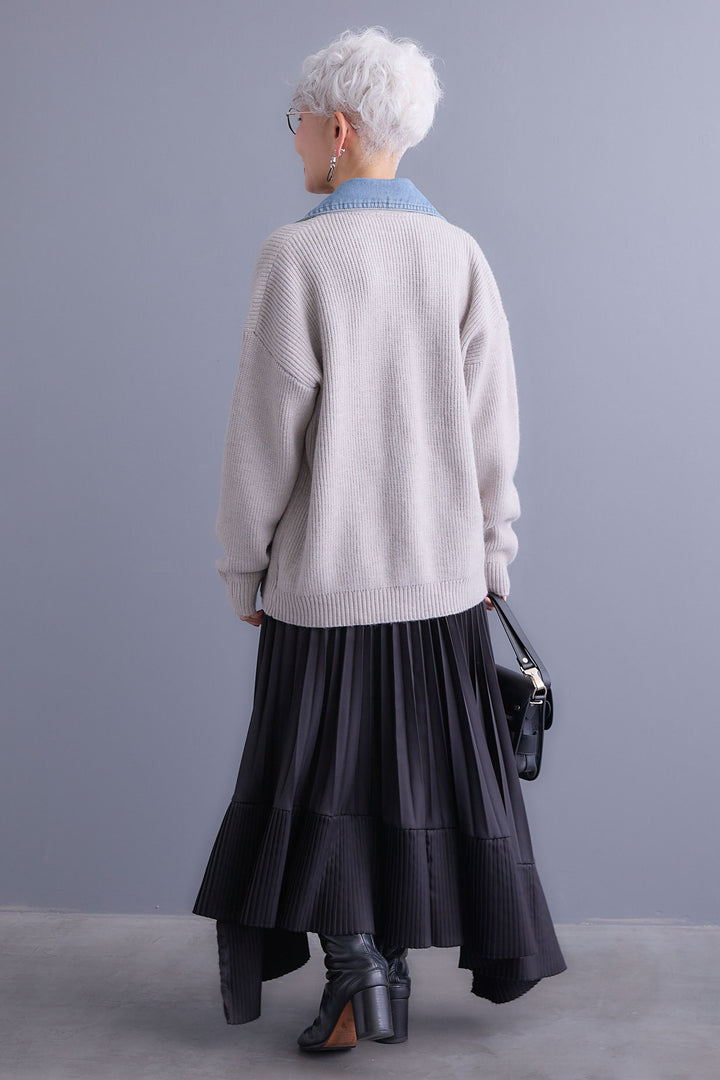 【SET】デニムライダースニットカーディガン+アシンメトリープリーツスカート(2set)