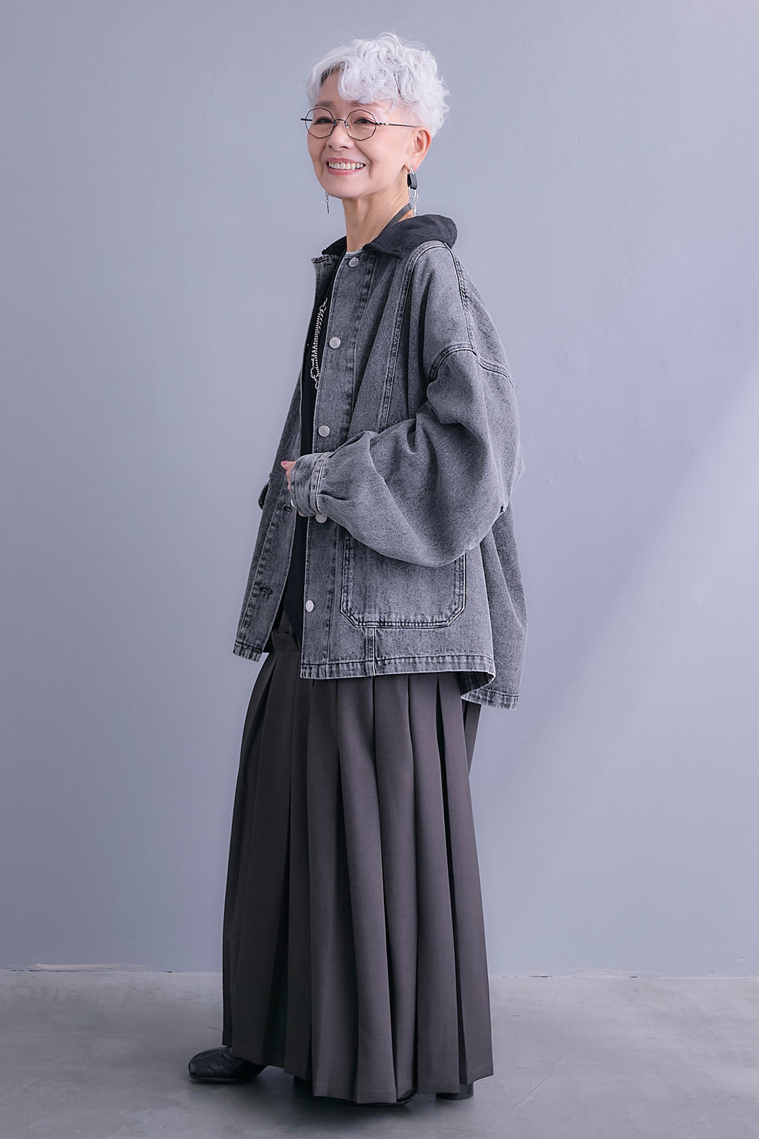 【SET】コーデュロイカラー10ozデニムジャケット+アシンメトリーロンT+ボックスプリーツロングスカート(3set)