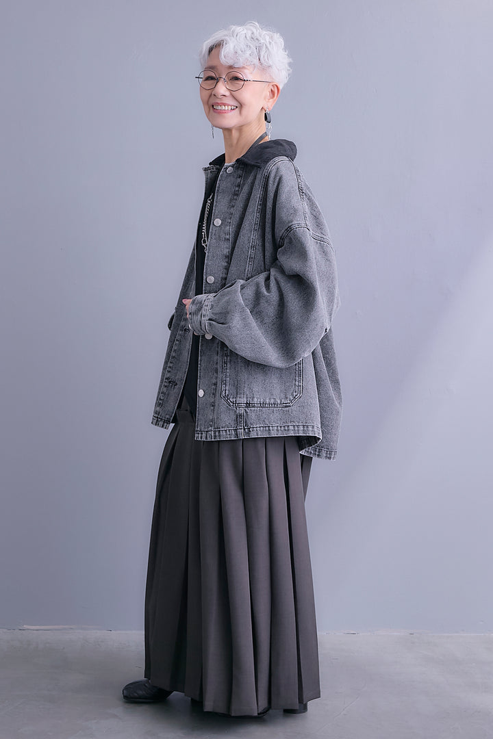 【SET】コーデュロイカラー10ozデニムジャケット+アシンメトリーロンT+ボックスプリーツロングスカート(3set)