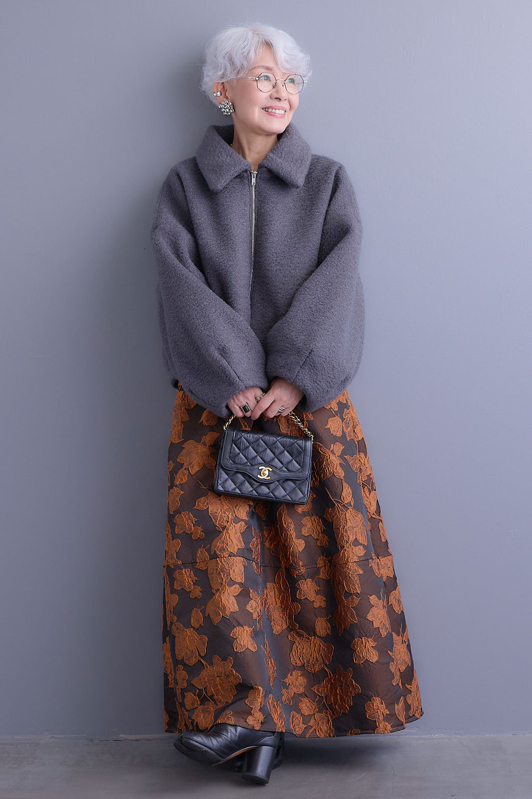 【SET】シープボアボリュームスリーブジャケット+ジャガードフラワースカート(2set)