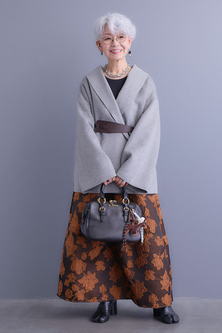 【SET】メルトンソフトショールカラーコート【ベルト付き】+ジャガードフラワースカート(2set)