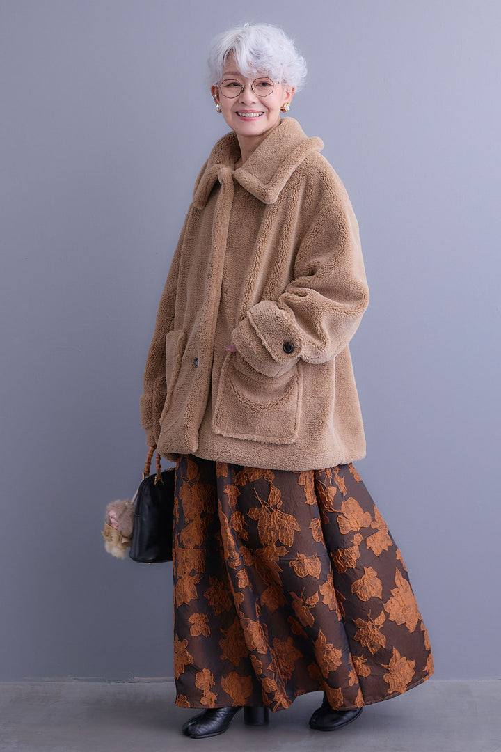 【SET】テディボアフラットカラーコート+ジャガードフラワースカート(2set)