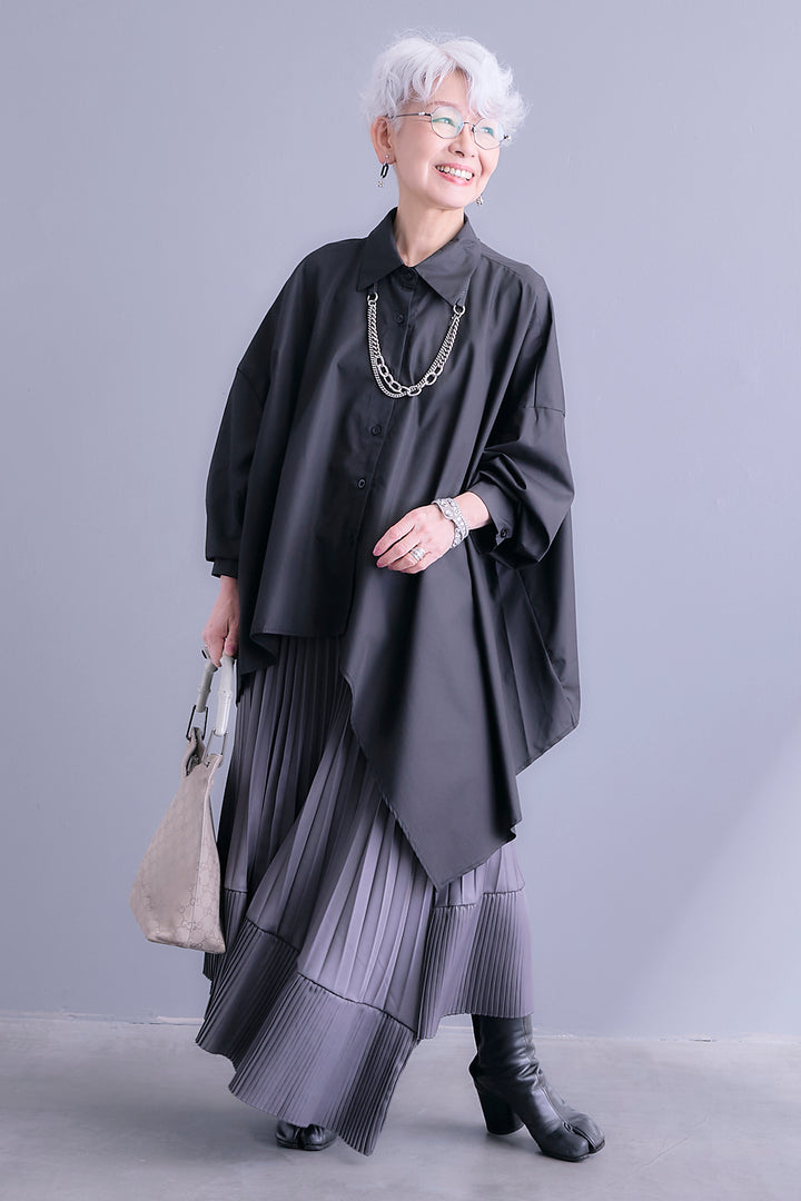 【SET】アシンメトリーロングシャツ+アシンメトリープリーツスカート(2set)