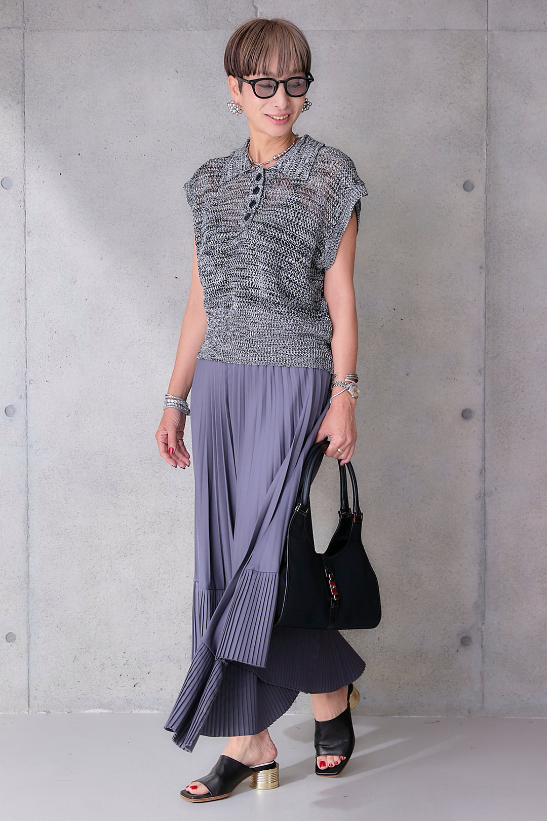 【SET】リネンライクメッシュニット+アシンメトリープリーツスカート(2set)