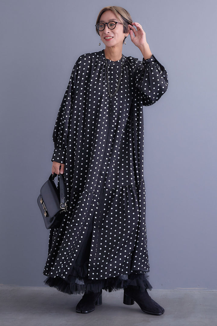 【SET】ボリュームスリーブバックシャンワンピース+フリルチュールティアードスカート(2set)