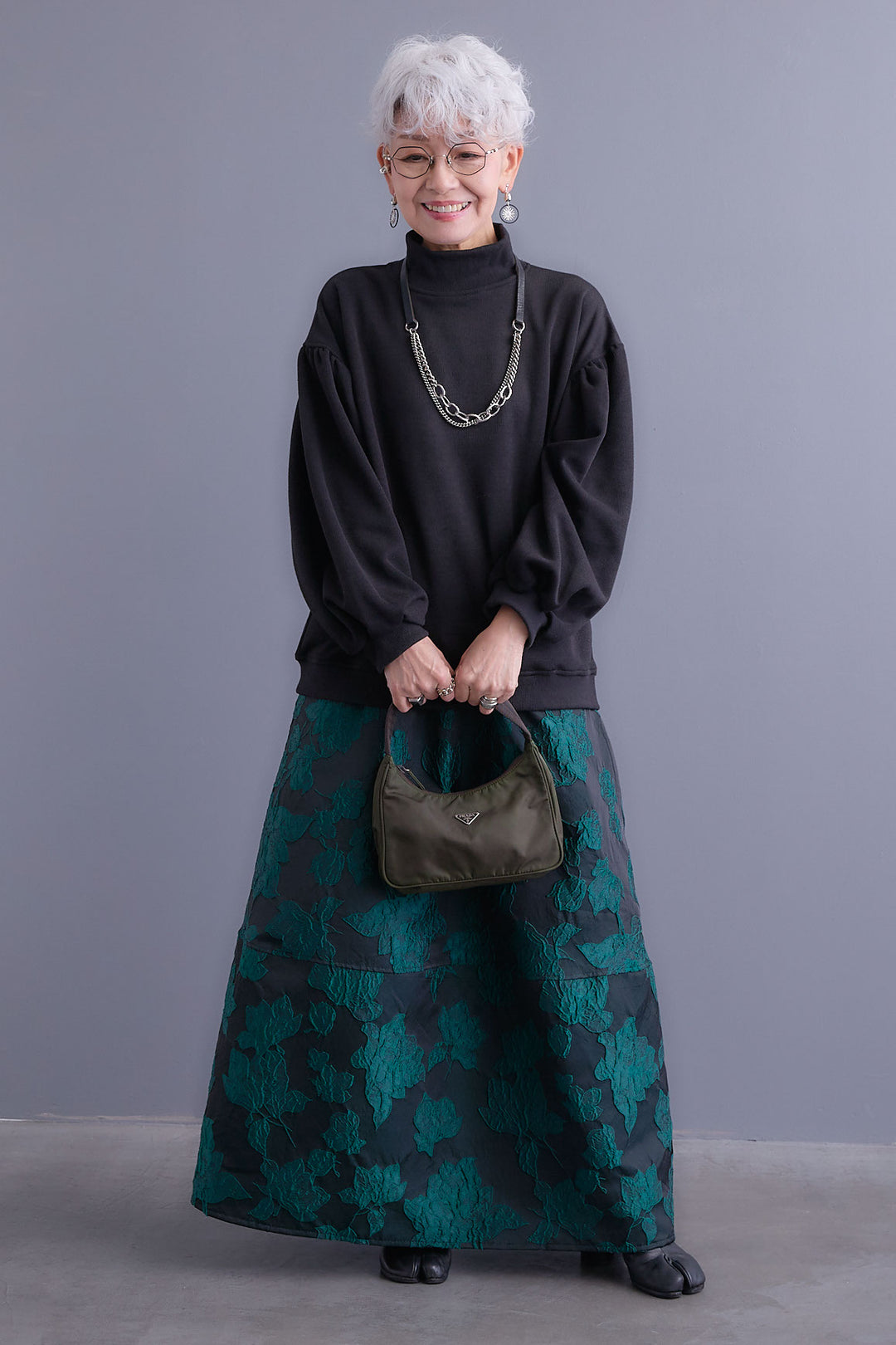 【SET】ボリュームスリーブモックネックプルオーバー+ジャガードフラワースカート(2set)