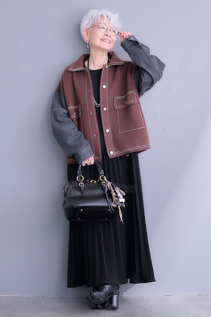 【SET】ステッチニット×デニムスリーブジャケット+プリーツストレッチロングワンピース(2set)
