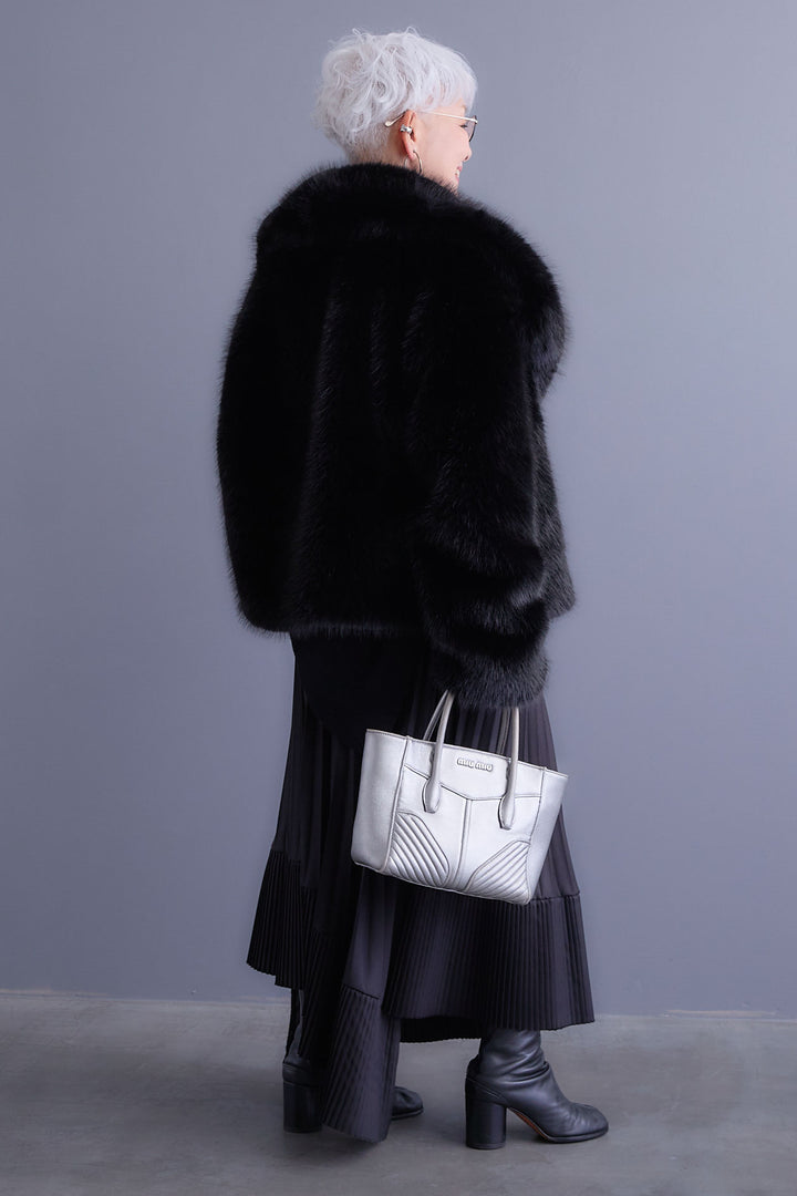 【SET】アシンメトリーオーバーニット+オーバーカラーファーコート+アシンメトリープリーツスカート(3set)