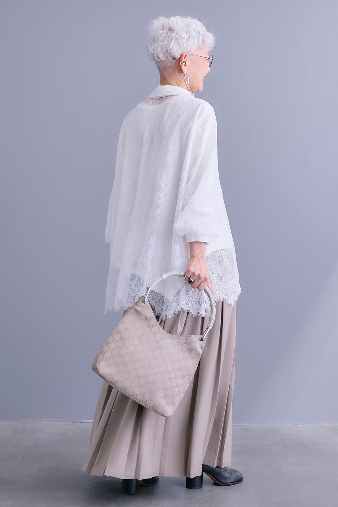 【SET】アイラッシュレースボリュームスリーブシャツ+アシンメトリーロンT+ボックスプリーツロングスカート(3set)