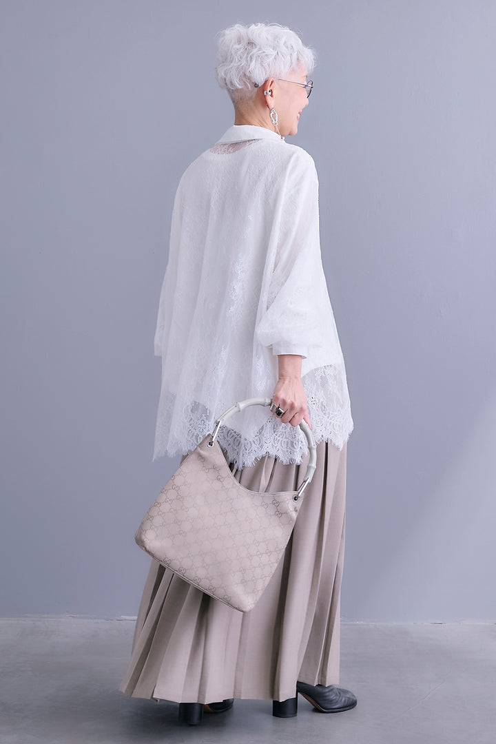 【SET】アイラッシュレースボリュームスリーブシャツ+アシンメトリーロンT+ボックスプリーツロングスカート(3set)