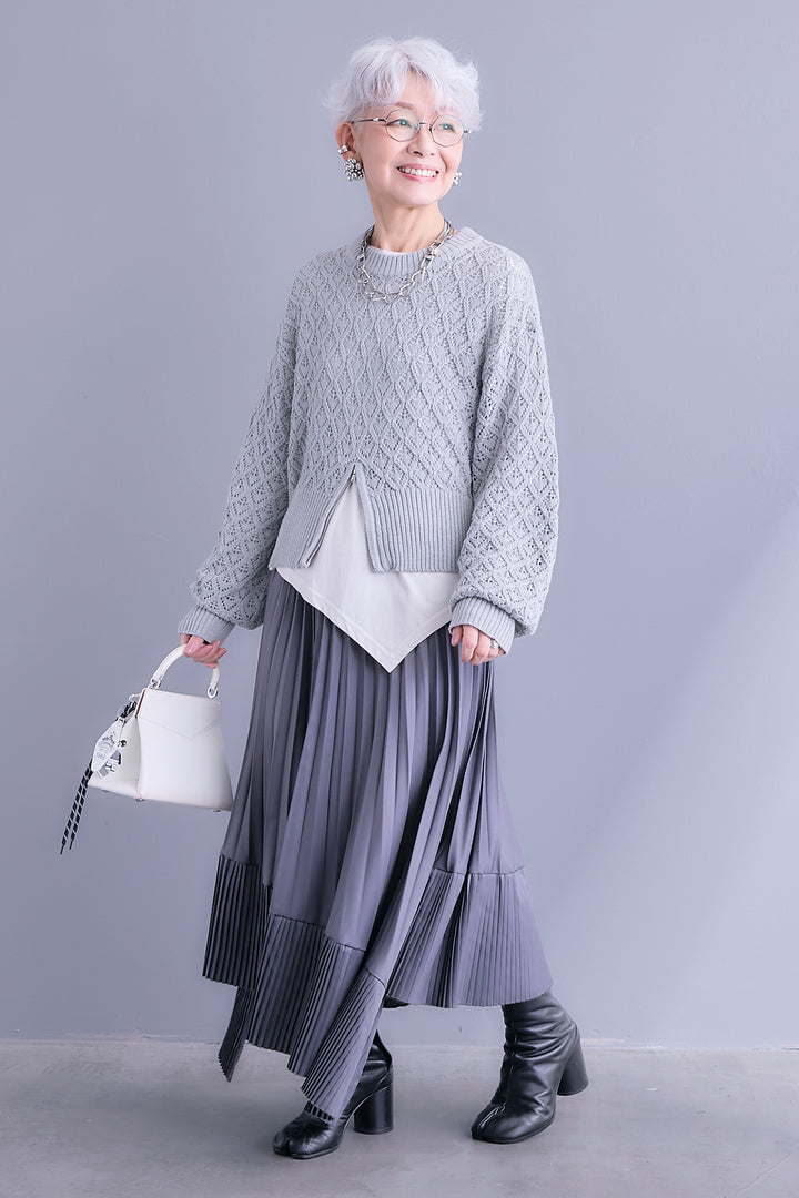 【SET】透かし編みフロントZIPニット+アシンメトリーロンT+アシンメトリープリーツスカート(3set)